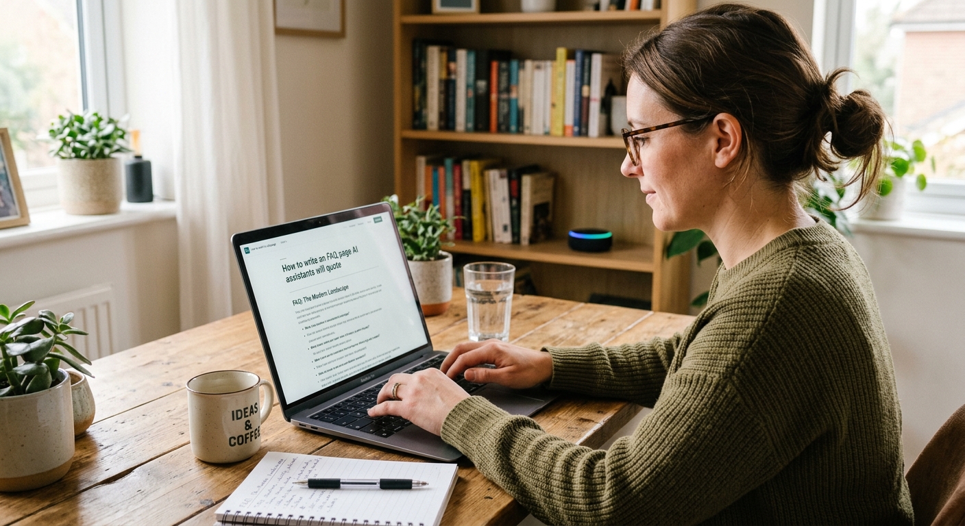 A small-business FAQ page of short question and answer pairs being read by a search engine and an AI assistant.
