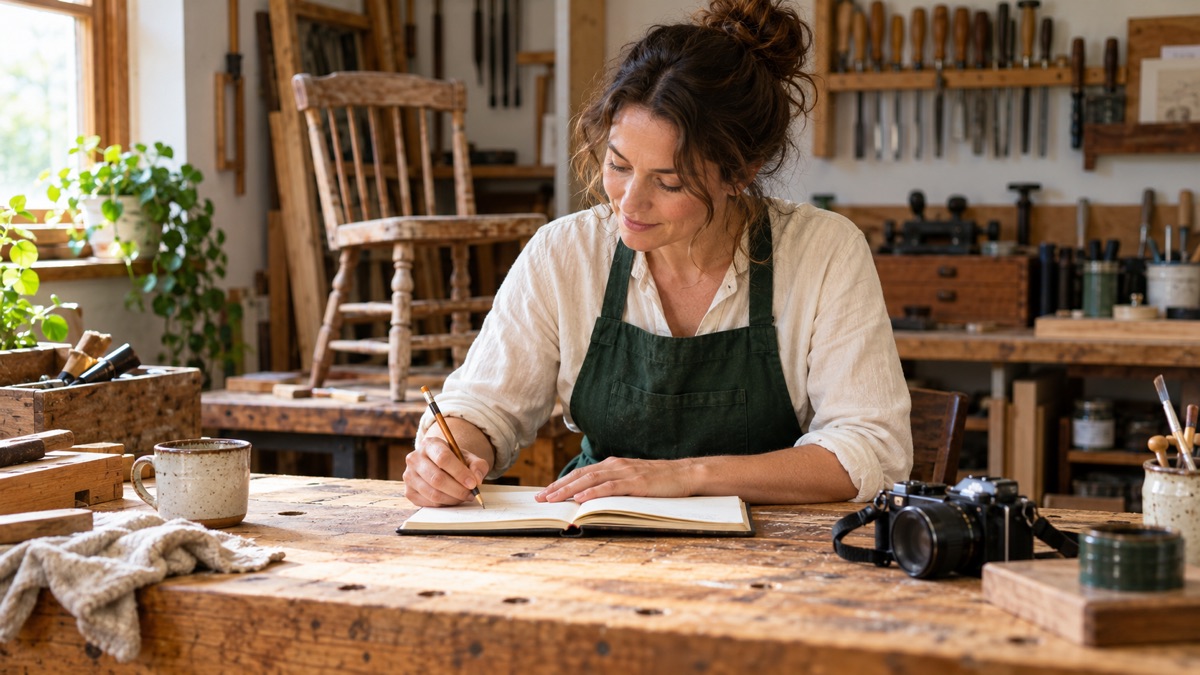 A furniture restorer writes business notes at a workbench, with a camera and wooden chair nearby.