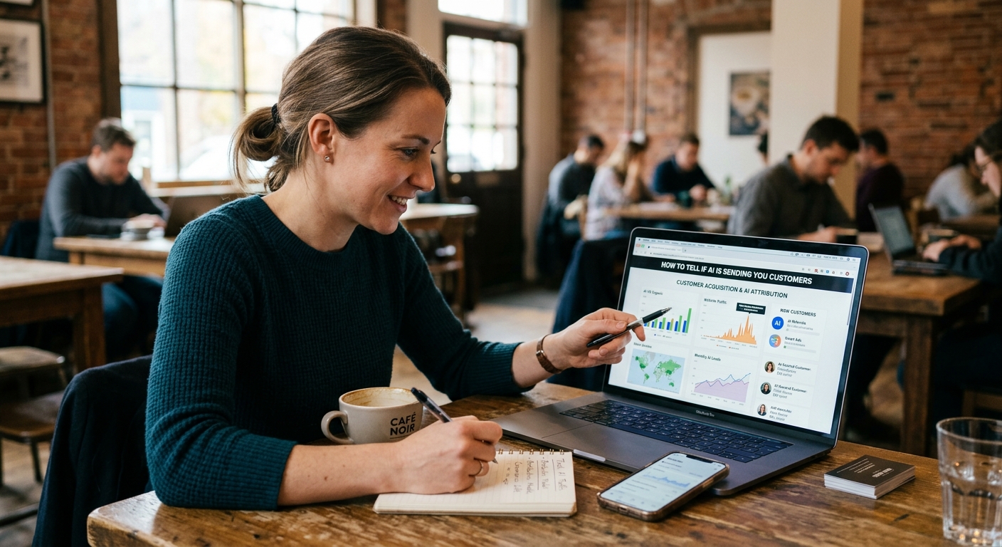 A small-business owner comparing answers from several AI assistants on a laptop and a phone.