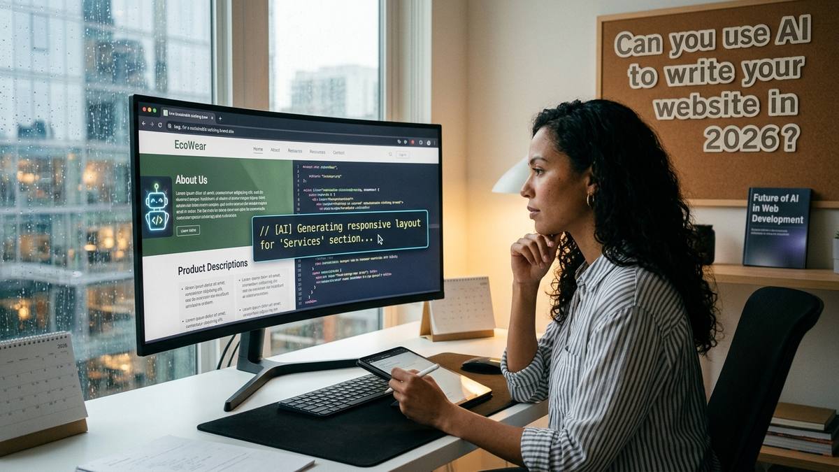 A woman at her desk thoughtfully reviews a website draft on a large monitor while an AI tool generates a page section, with a pinboard asking: Can you use AI to write your website in 2026?