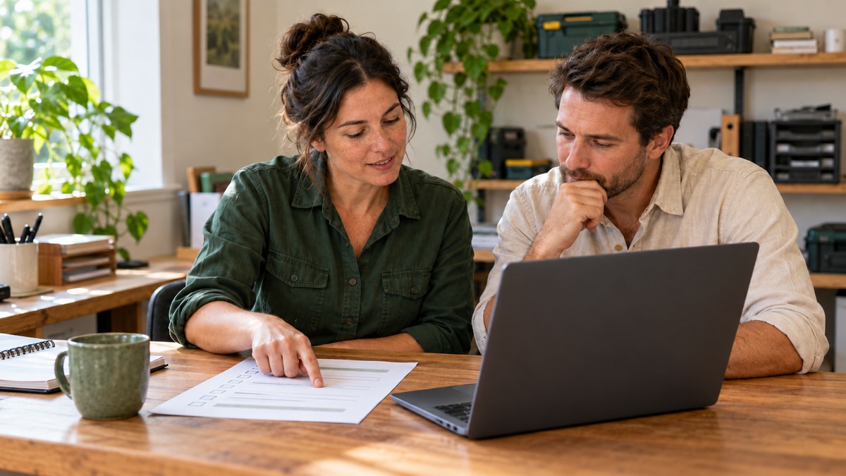 Two colleagues review a printed service checklist beside an open laptop.