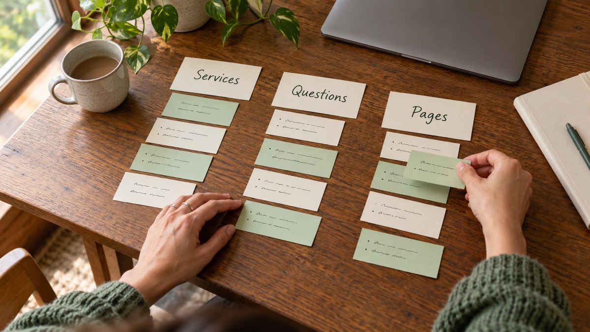 Hands arrange paper cards into groups labelled Services, Questions and Pages on a wooden desk.