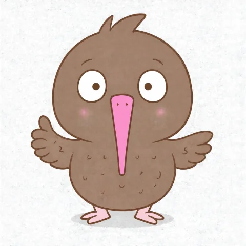 Kiwi, a round brown kiwi bird who always looks ready to sleep.