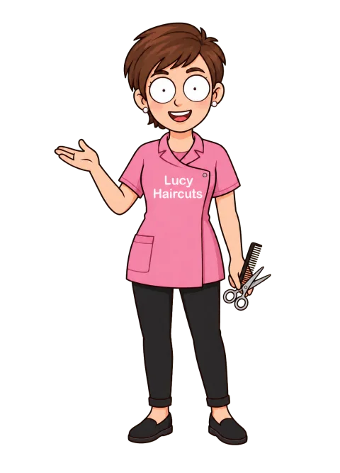 Lucy, a fashionable hairdresser and salon owner with colourful hair.