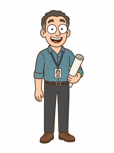 Max, a small-business accountant in a neat blue-green shirt holding his work files.