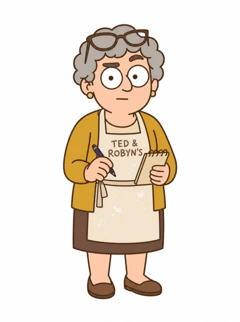 Robyn, a practical cafe owner and baker dressed for work.