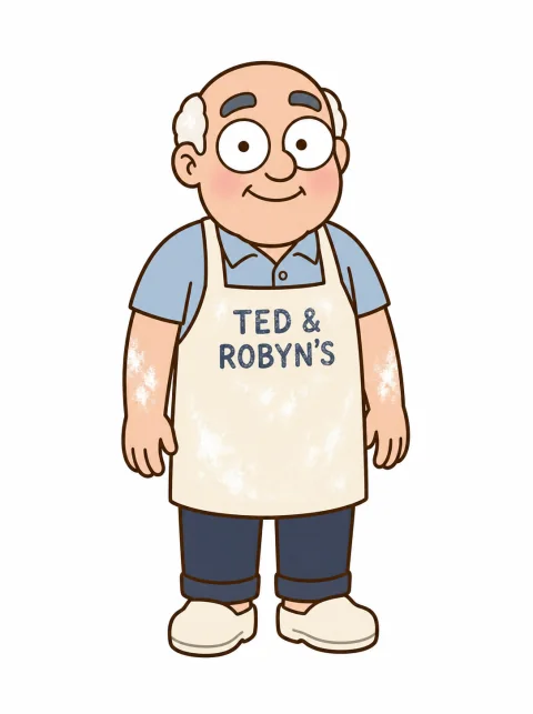 Ted, a friendly cafe owner and barista wearing an apron.