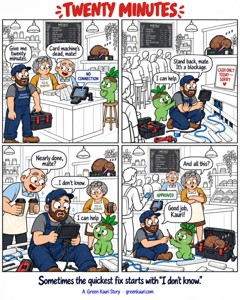 Four-panel comic titled Twenty Minutes. At rush hour, the cafe card machine shows No connection and Dave promises to fix it in twenty minutes. An hour later he is pulling apart the cable trunking with a plumbing camera while Kauri offers to help. When Ted asks if he is nearly done, Dave admits, I don&rsquo;t know. Kiwi has been asleep on the router all along. The card machine shows Approved, Kiwi sleeps in Dave&rsquo;s toolbox, and Dave hands Kauri a screwdriver, saying, Good job, Kauri!