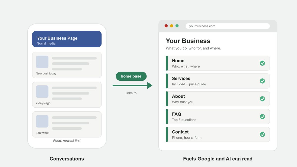 A social media business page on the left and a simple five-page business website on the right, joined by an arrow labelled home base.