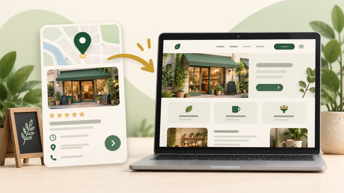 A local business map listing leading to the business's own service website on a laptop.
