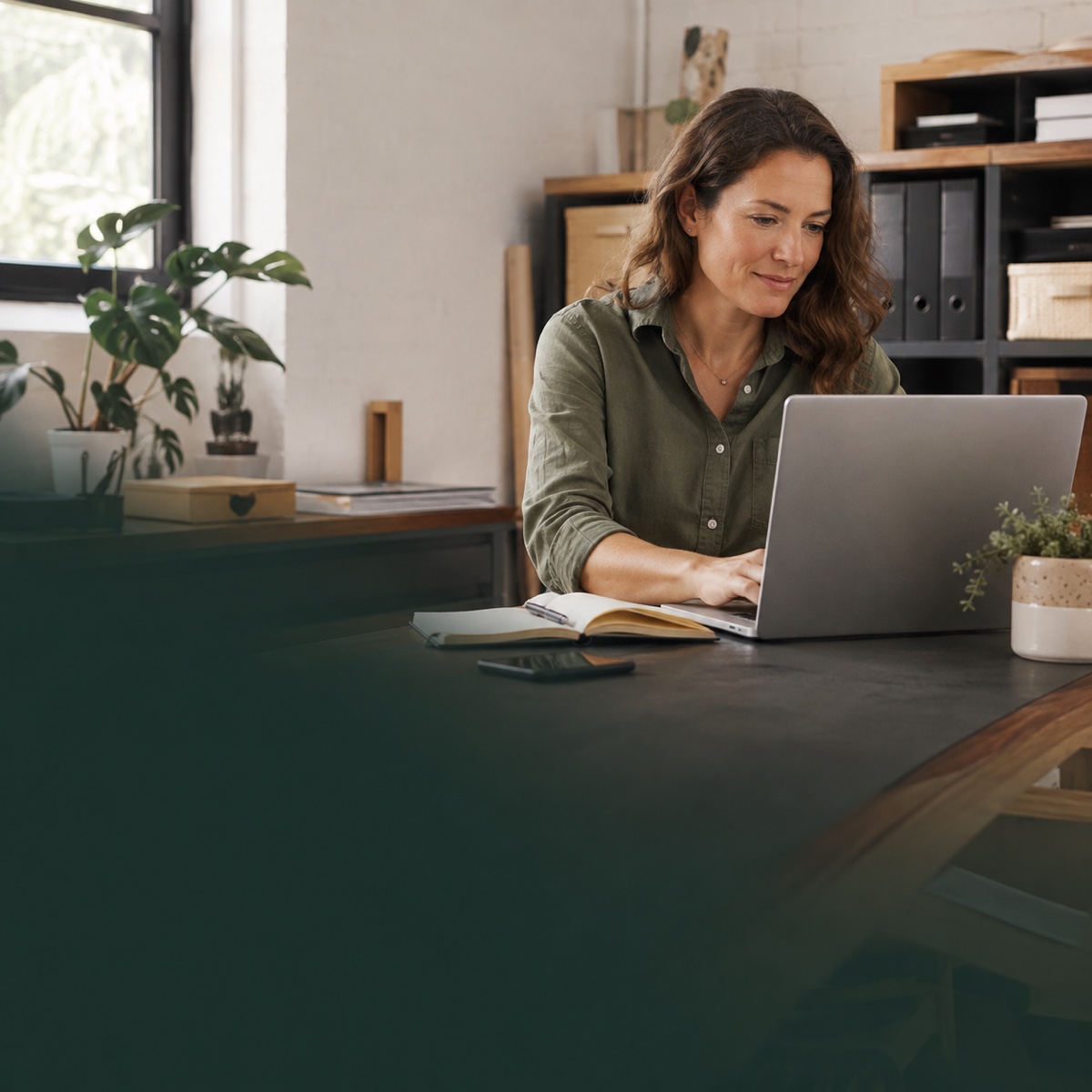 A business owner at her desk managing her online presence, customer enquiries and sales follow-up.