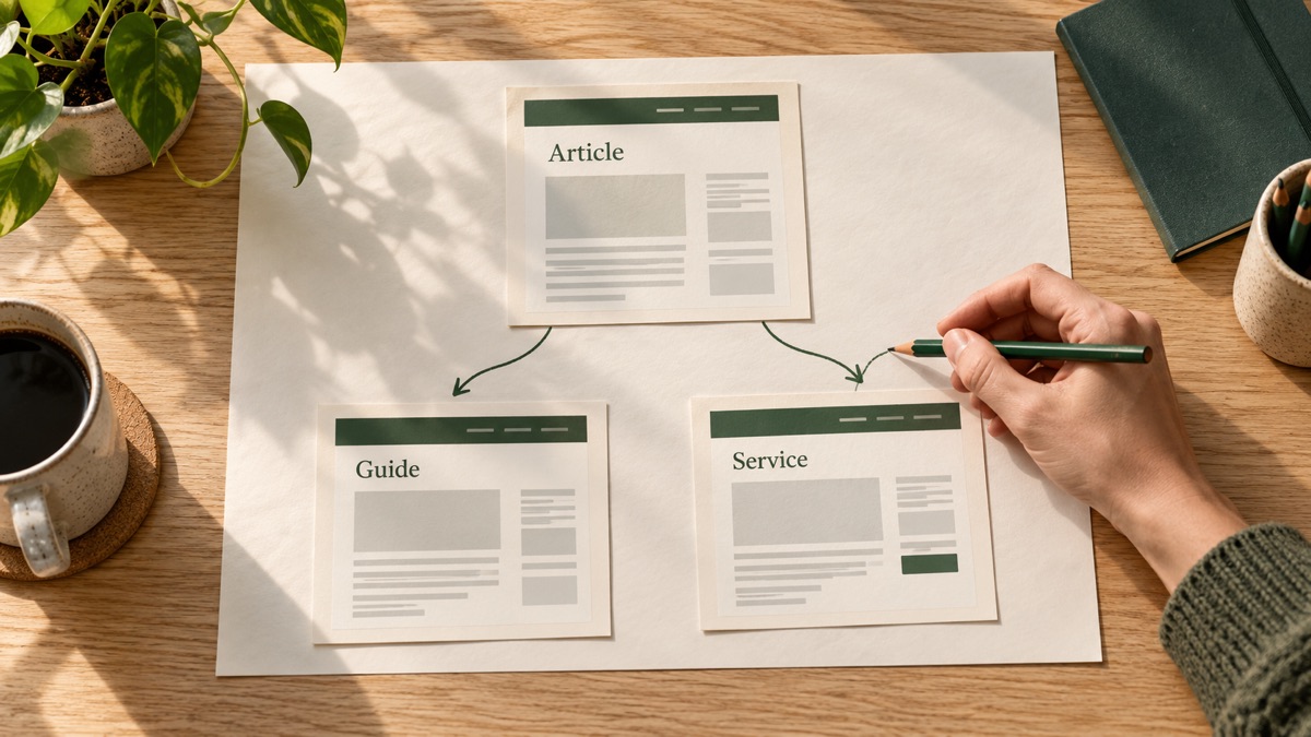 A hand draws arrows from an Article page mockup to Guide and Service page mockups on a desk.
