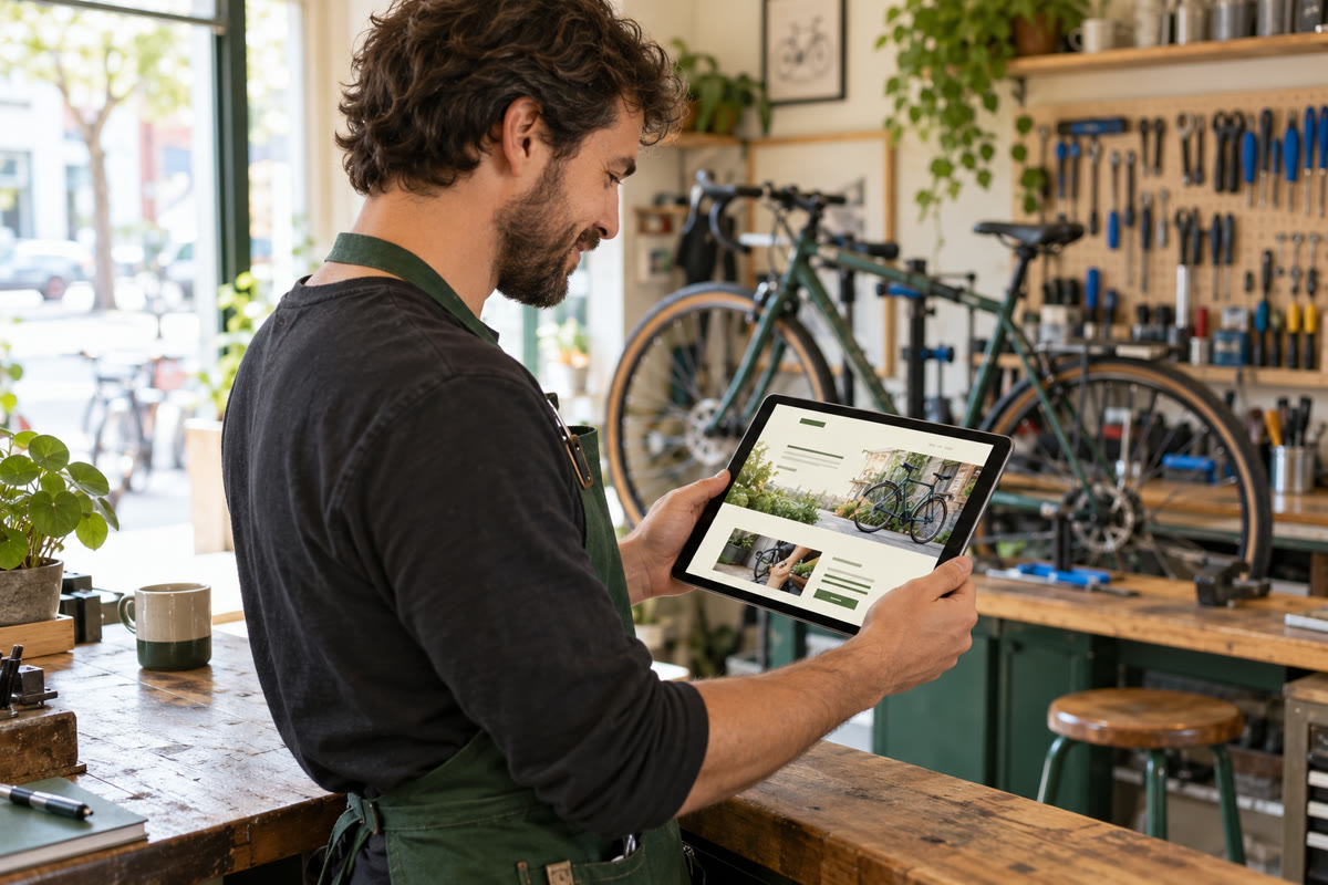 A bicycle workshop owner reviews a business website on a tablet beside a repair bench.