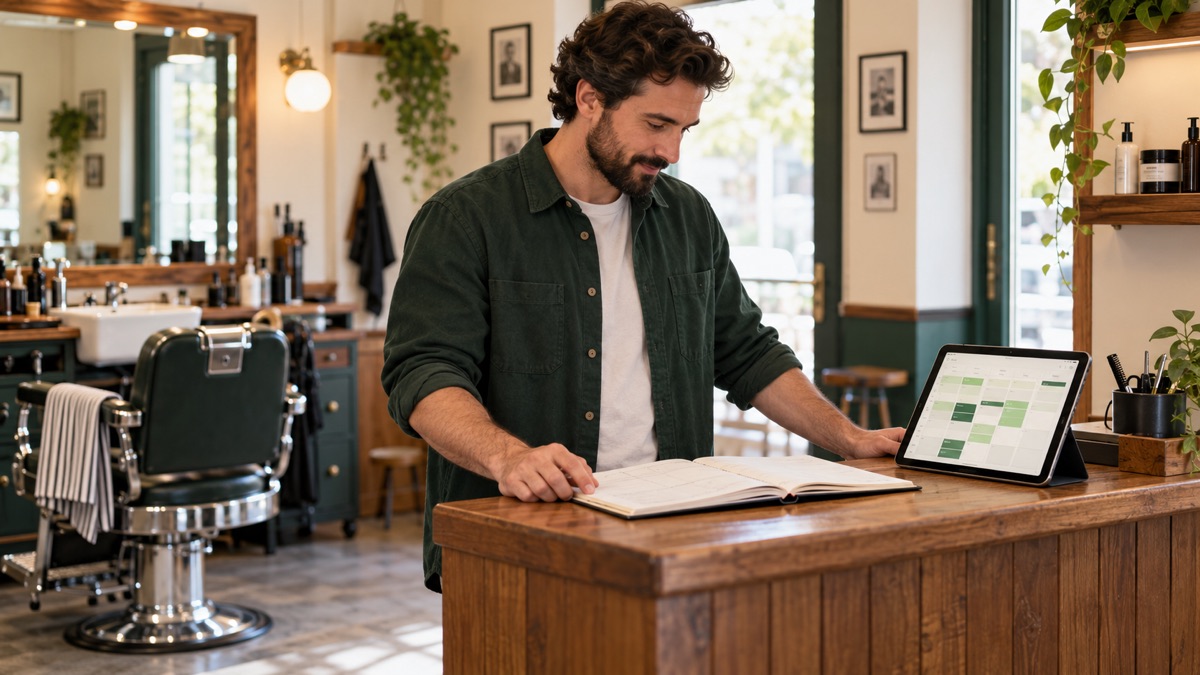 A barber checks a tablet calendar beside an open appointment diary at the shop counter.