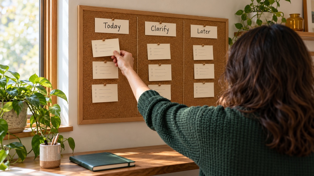 A person sorts enquiry cards on an office board under Today, Clarify and Later.
