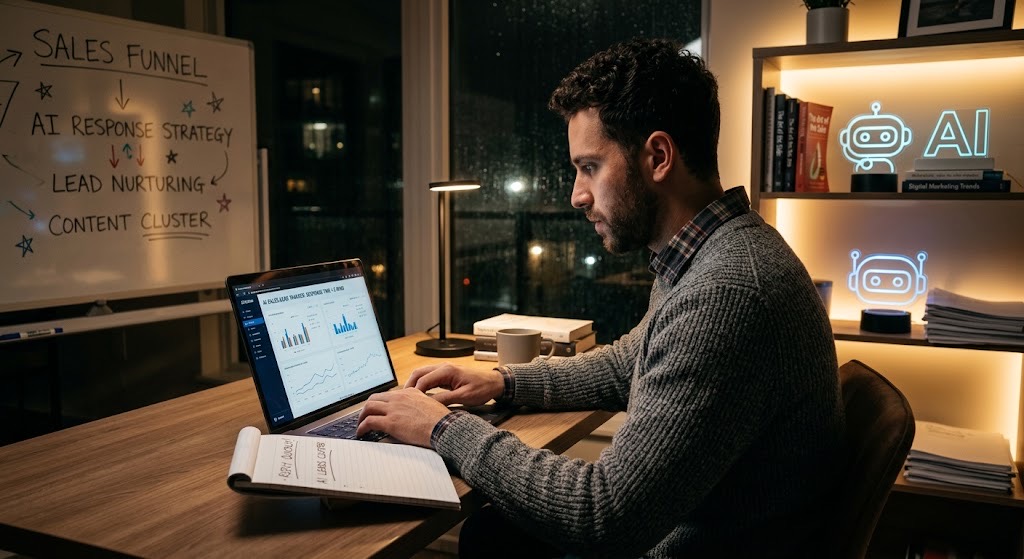 A business owner reviewing sales enquiry response data at his desk.