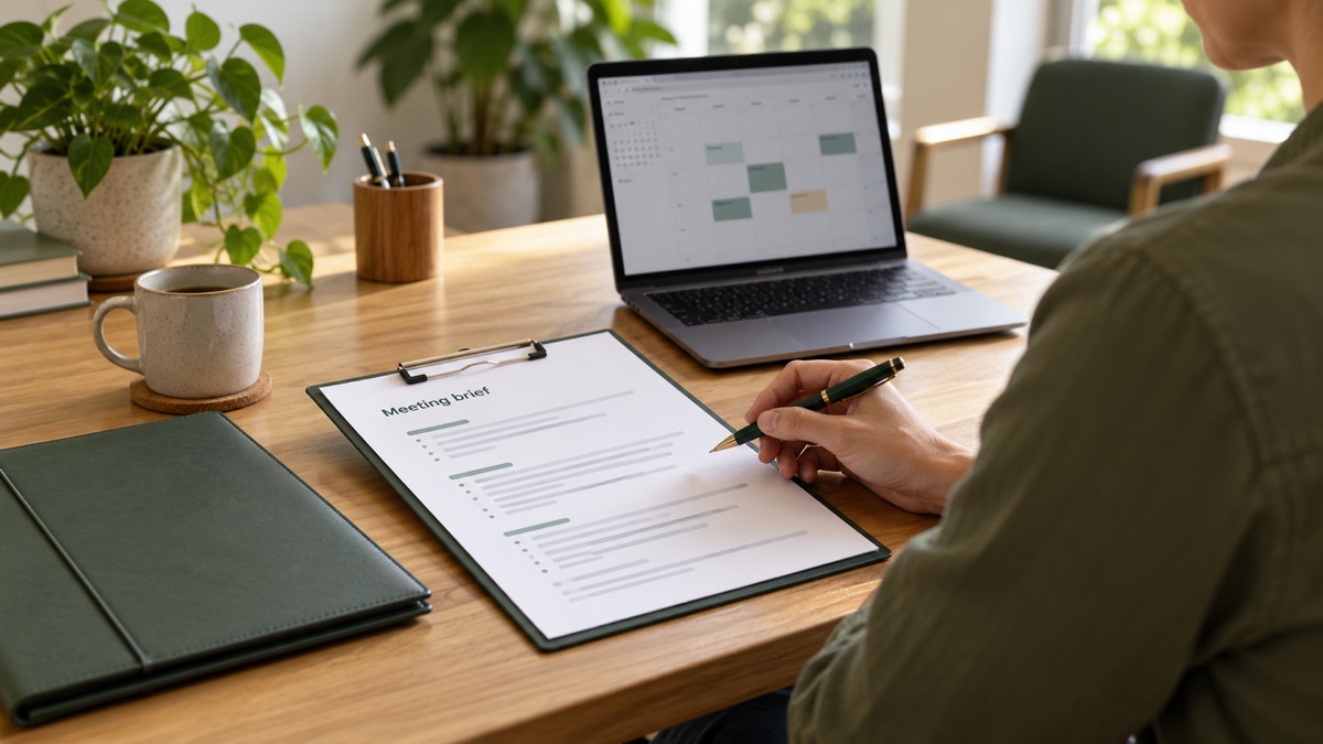 A business owner checks a printed meeting brief beside a laptop calendar and a green folder.
