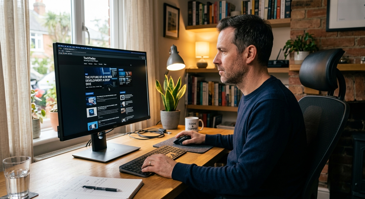 A small-business owner at a home office desk reviewing a website article on a large monitor.