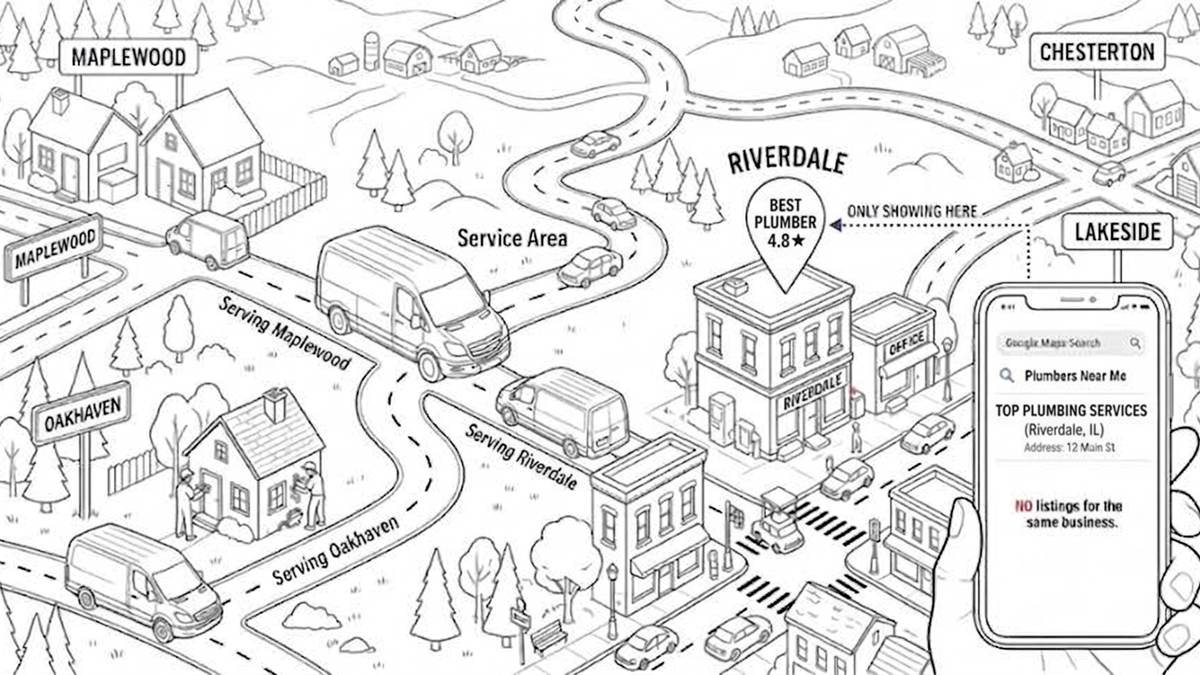 Illustrated map of a plumber's service area: vans serving Maplewood, Oakhaven and Riverdale, while a phone search for plumbers near me only shows the business in Riverdale, where its office is.