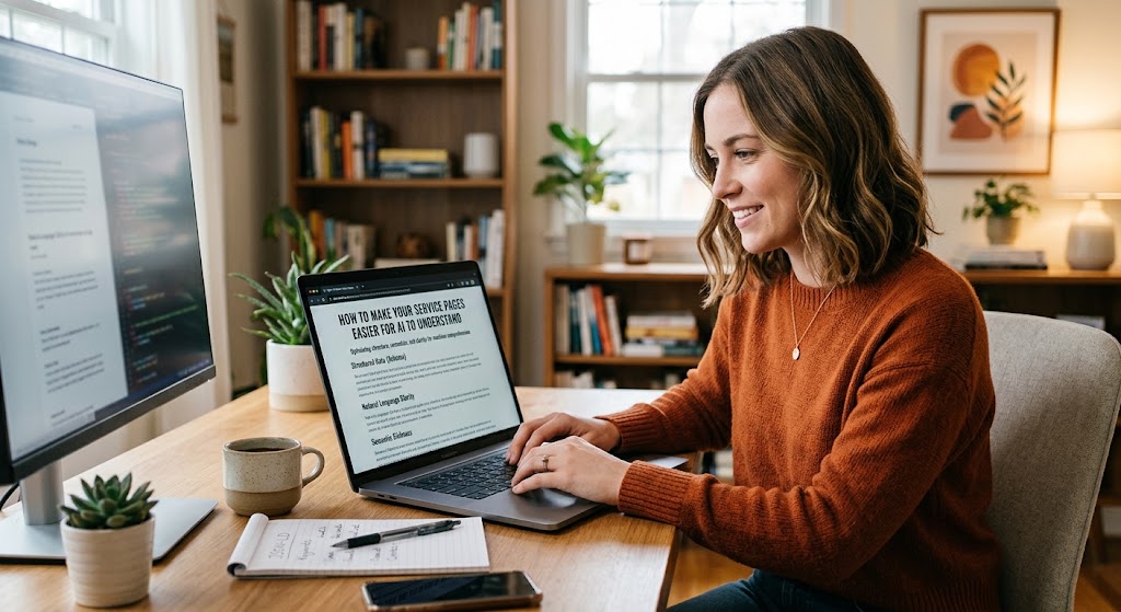 A service page layout reviewed by an AI assistant for headings, service facts and customer questions.