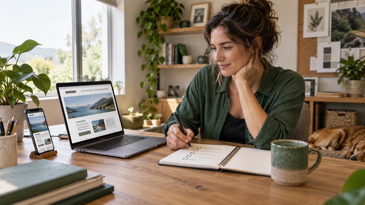 A small-business owner reviewing a responsive website and a practical checklist at her desk.