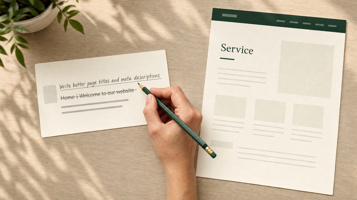 A hand crosses out the search result title Home | Welcome to our website and writes a clearer one, next to a page mockup labelled Service.
