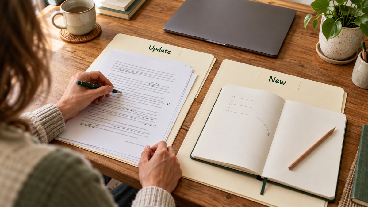 A hand reviews printed drafts beside folders labelled Update and New on a wooden desk.