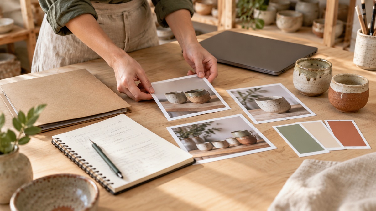 Hands arrange pottery photos, planning notes and colour swatches on a studio table.