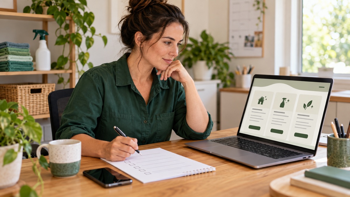 A cleaning business owner compares service packages on a laptop with a paper checklist.