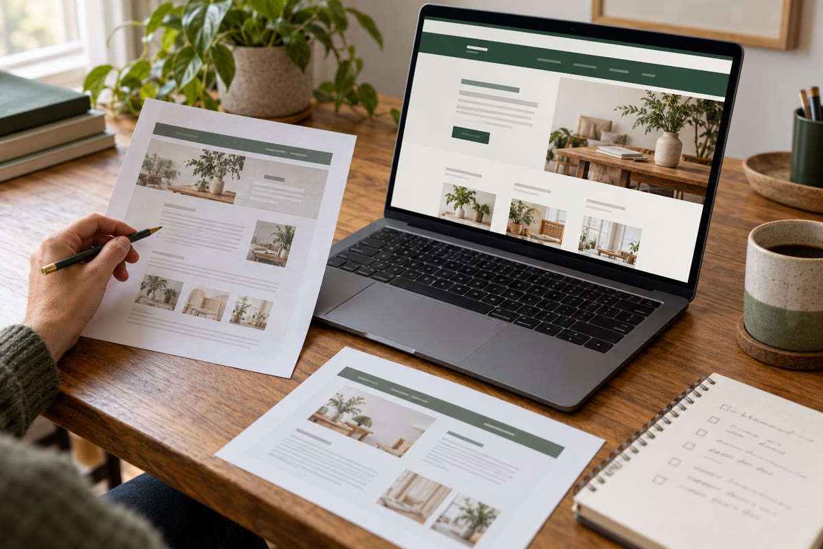 A person compares printed website layouts with a redesigned page on a laptop at a wooden desk.