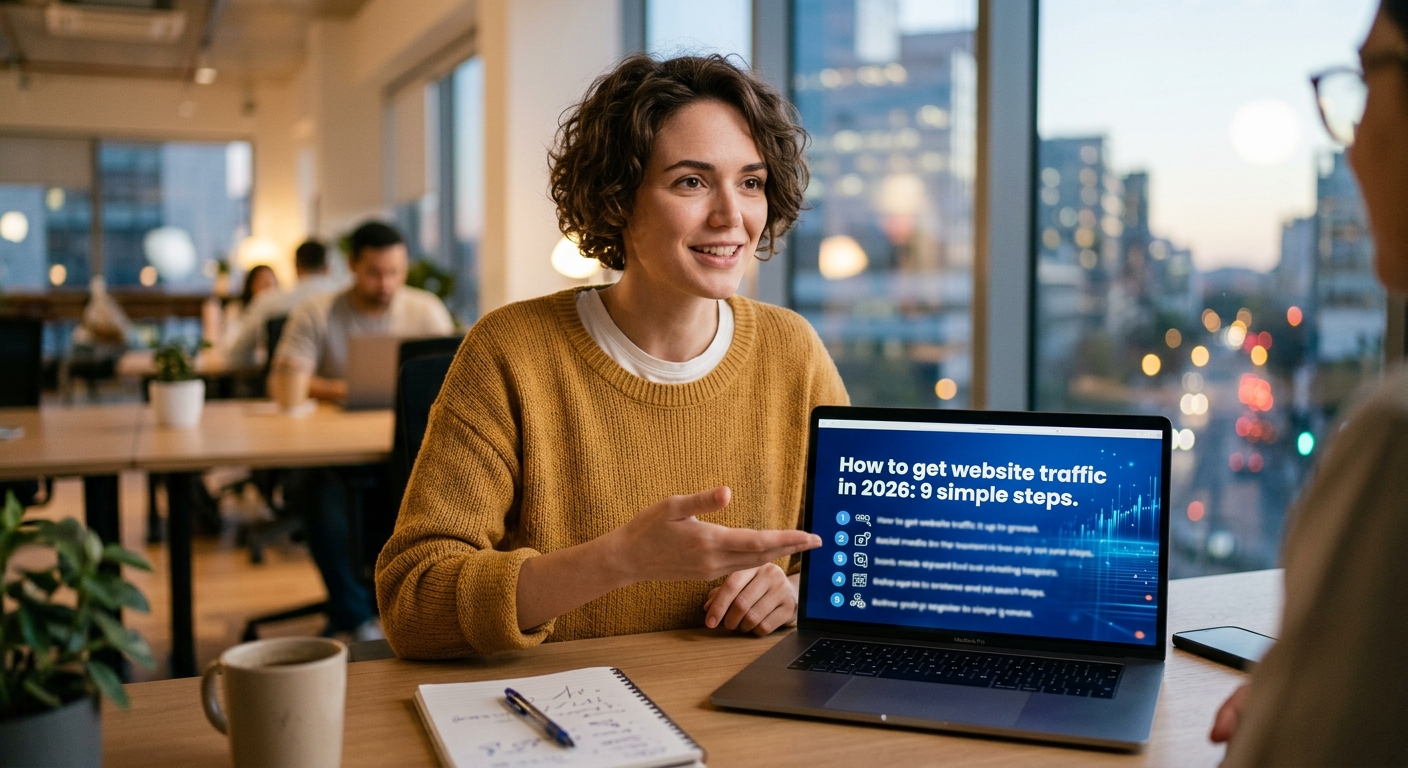 A person using an AI tool beside a website visibility map for search engines and AI assistants.